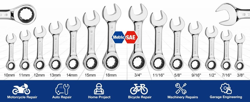 WORKPRO 14PC Ratcheting Combination Stubby Wrench Set SAE 3/8-3/4 Metric 10-18mm gallery