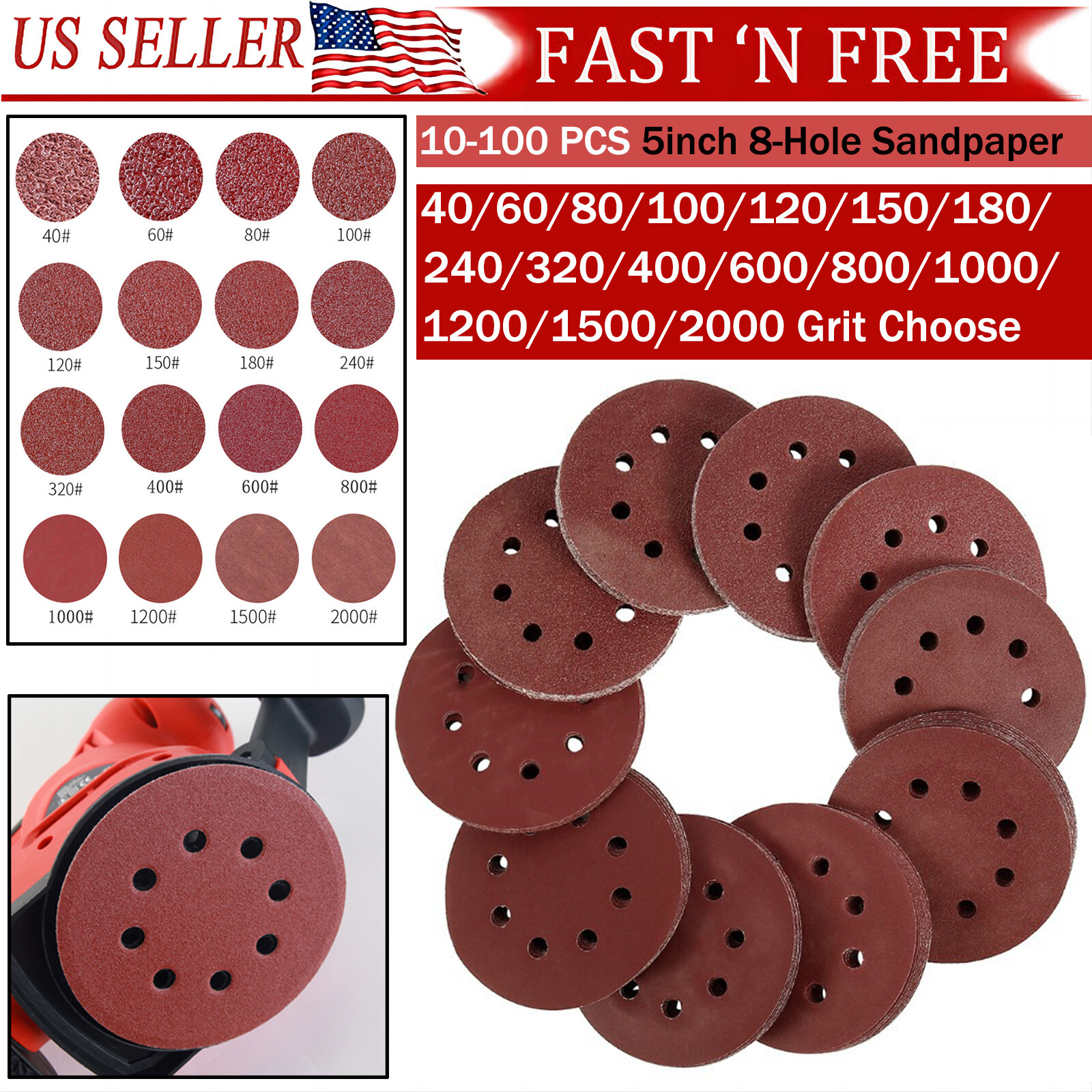 5inch Sanding Discs 40-2000 Grit Hook Loop Sandpaper 8-Hole Orbital Sander Paper gallery