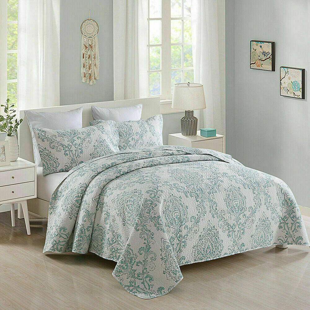 3 Piece Embossed Quilted Bedspread Reversible Queen King Size Coverlet Bed Throw gallery