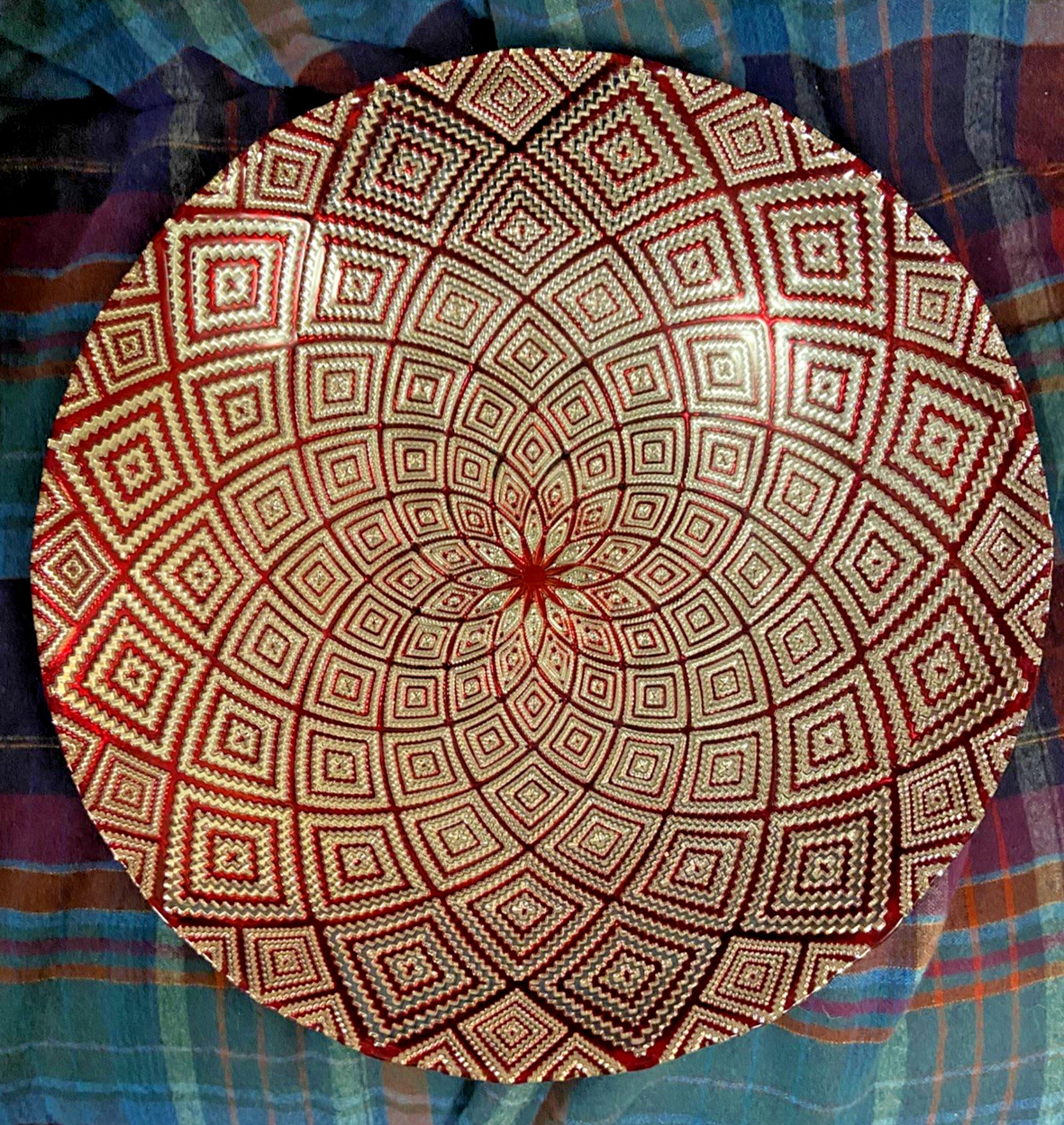 Decorative Red and Sliver Glass 13" Round Bowl (Please read description) gallery