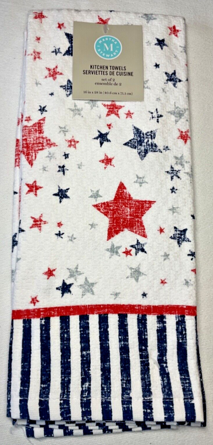 MARTHA STEWART KITCHEN TOWELS (2) STARS STRIPES RED BLUE 100% COTTON TERRY NWT gallery