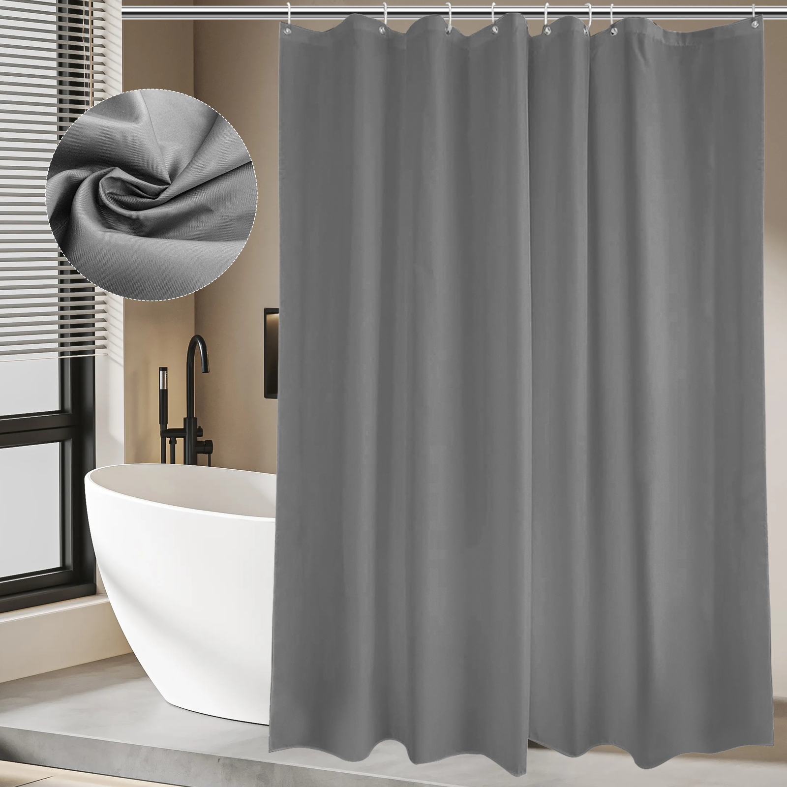 White/Gray Shower Curtain Line with Plastic Ring Hook 39 x 78in gallery