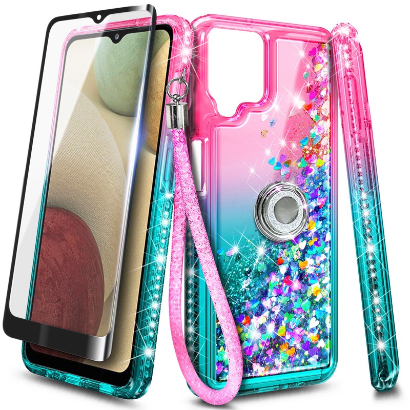 For Samsung Galaxy A12 Case Bling Liquid Glitter w/ Tempered Glass & Lanyard gallery