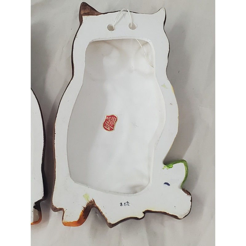 Vintage Lefton Ceramic Owl Wall Plaques Set of 2 Brown Orange Yellow Japan 382 gallery