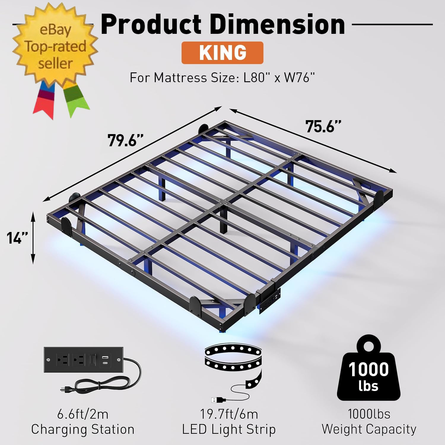 Floating Bed Frame with LED Lights and Charging Station, 14 Inch King Size Float gallery