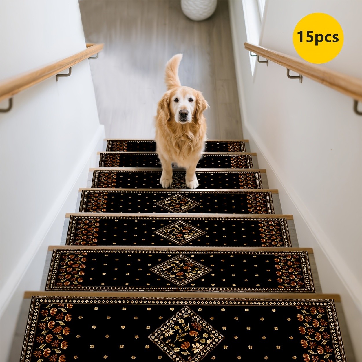 15pcs Black Patterned Stair Mat Rug Set with Rubber Non-Slip Backing, Designed gallery