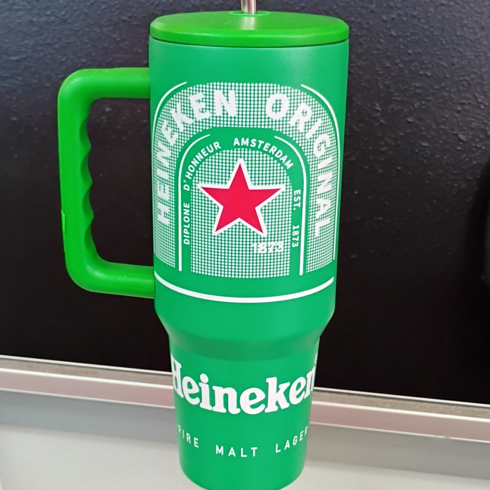 Heineken Original 40 oz Green Plastic Tumbler w/ Handle Straw & Lid Logo gallery