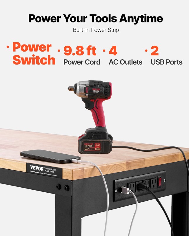 Adjustable Height Workbench 61"L x 20"W Work Bench Table w/ Power Outlets gallery