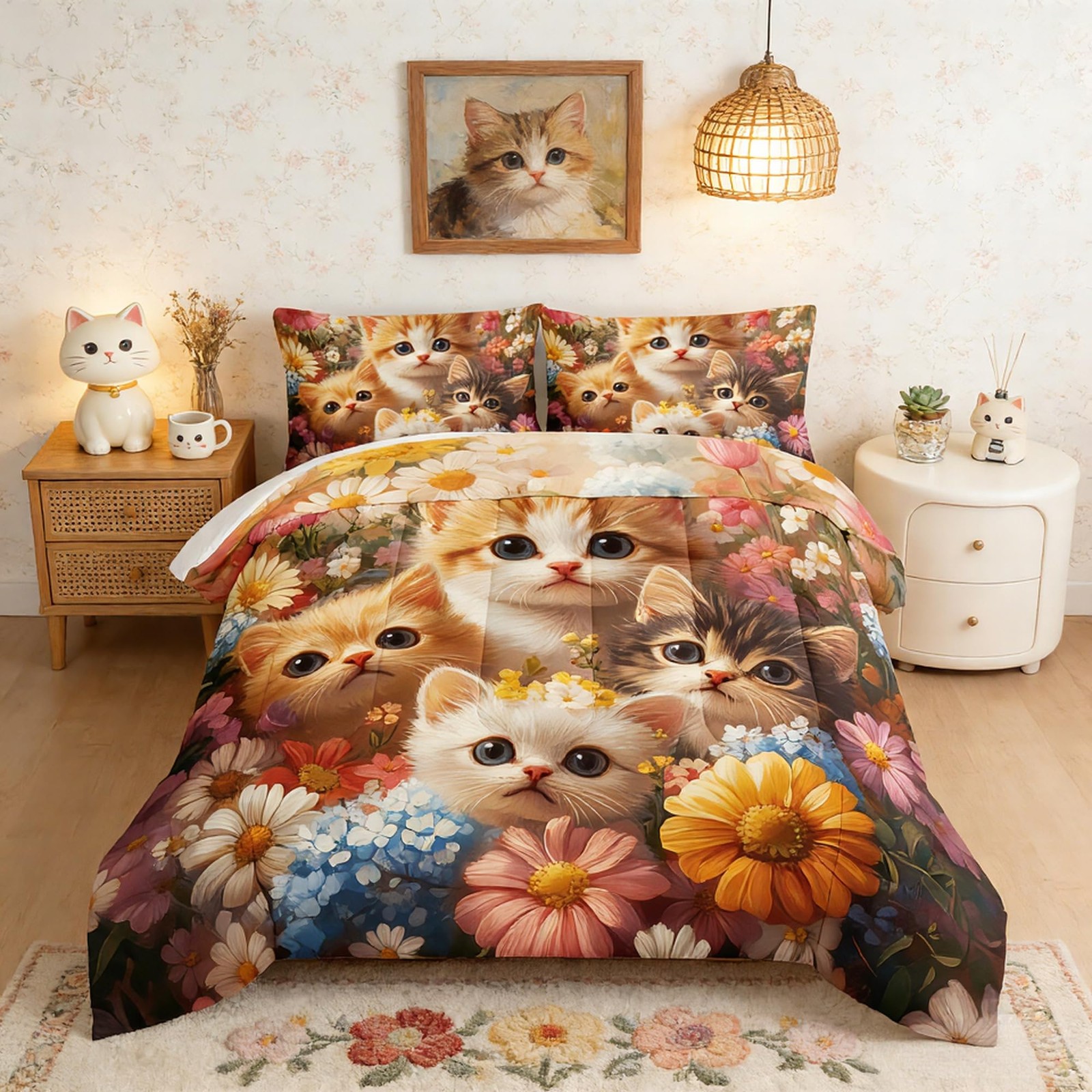 Cute Cat Comforter Queen Size,Colorful Flowers Pattern Bedding Sets for Toddl... gallery