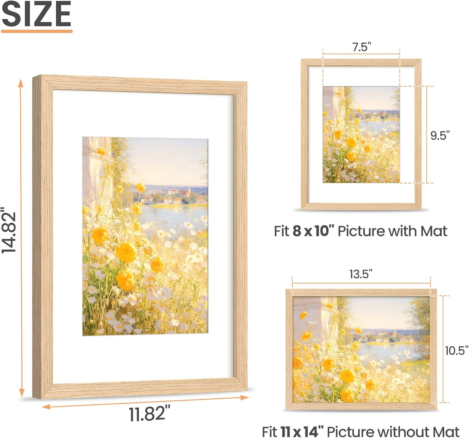 11X14 Picture Frame, Natural Solid Wooden Picture Frames, Display 8X10 with Mat gallery