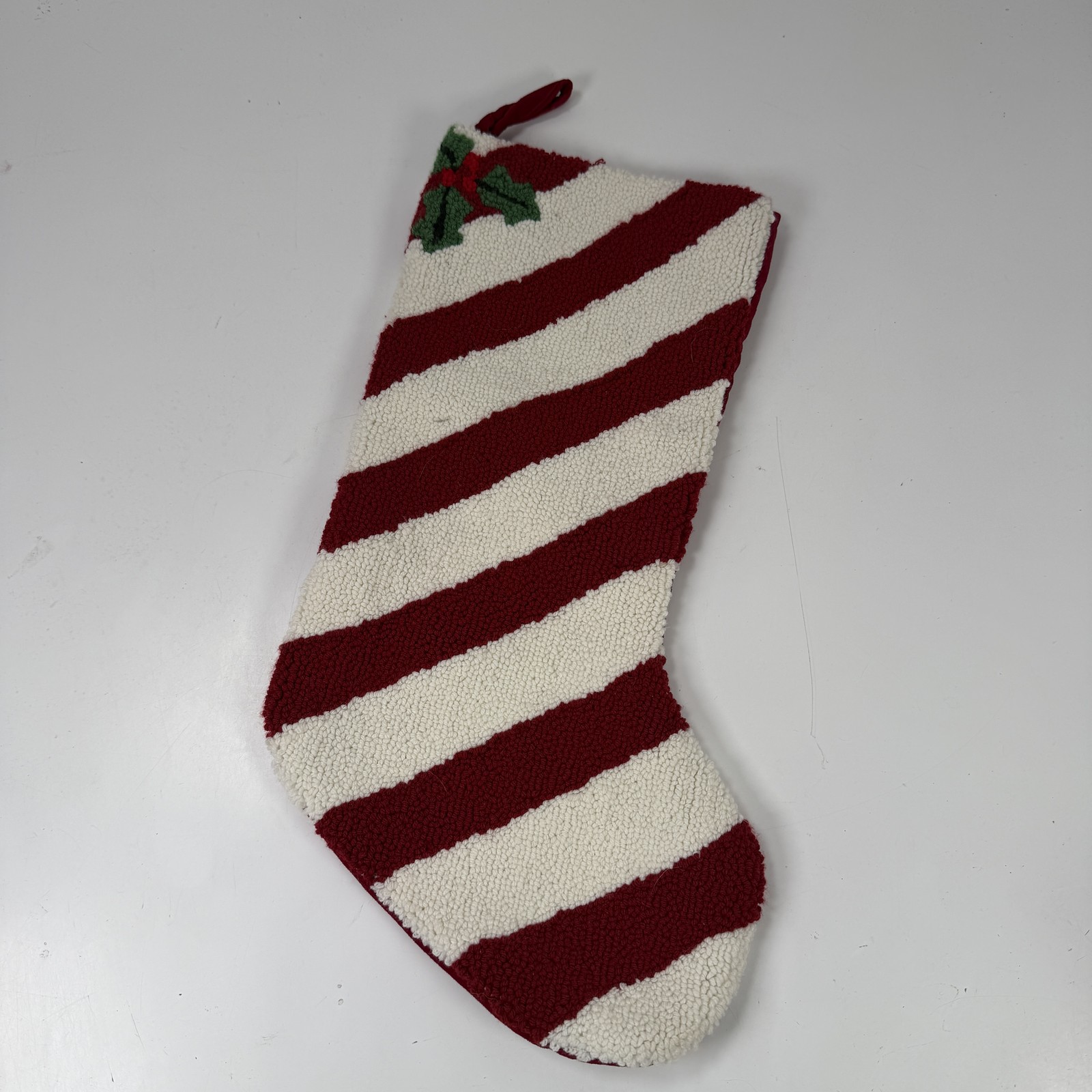 Christmas Stocking Red & White Stripe Holly Berry Punch Needle Knit Holiday gallery