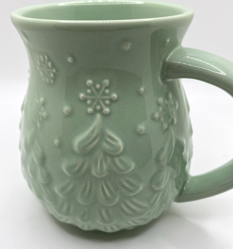 Temptations Embossed Christmas Trees Snowflakes Light Green Ceramic Coffee Mug gallery