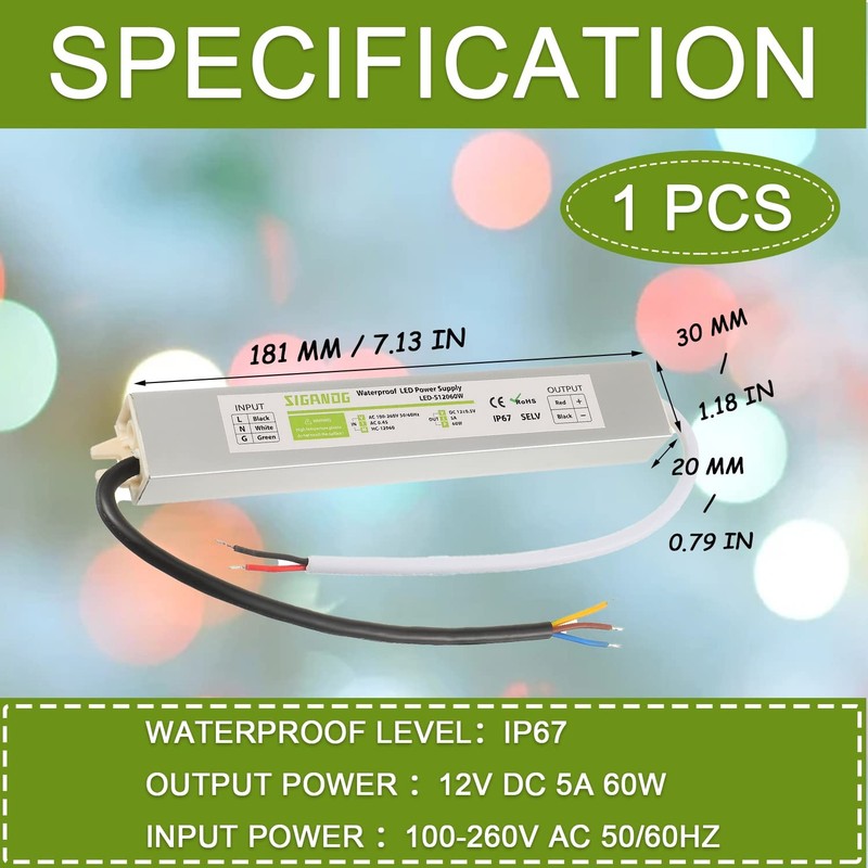 60W Watts Driver Power Supply Transformer Adapter Waterproof IP67 100V-260V A... gallery