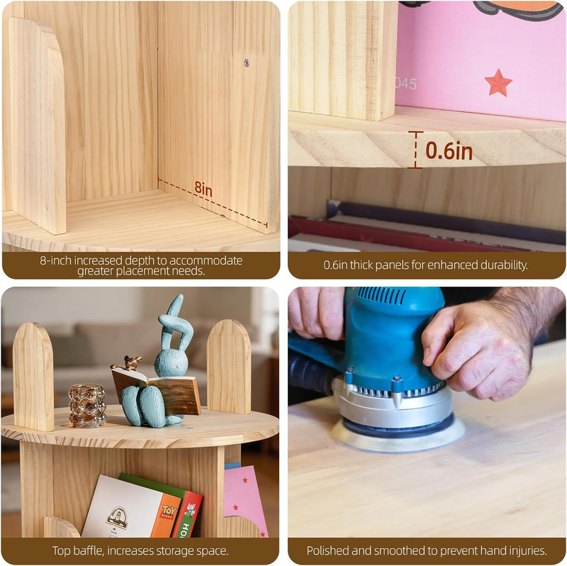 Rotating Bookshelf, Solid Pine Wood Spinning Bookshelf Tower 4 Tier, 360° Revolv gallery