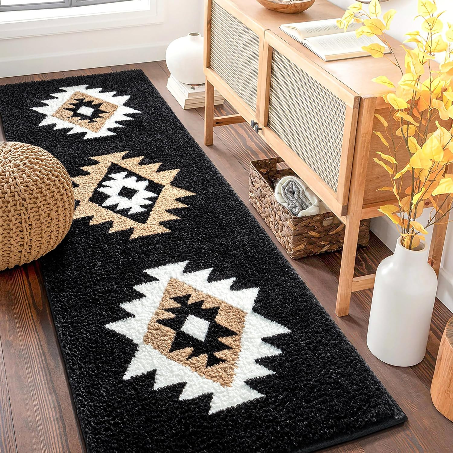 24x60 Boho Bathroom Runner Rug Non Slip Washable Absorbent Black Cream Mat gallery