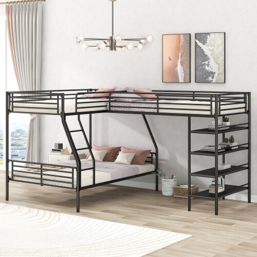 L-shaped Triple Bunk Beds Metal Bed Frames Loft Bed with Shelves Kids Bunk Beds gallery