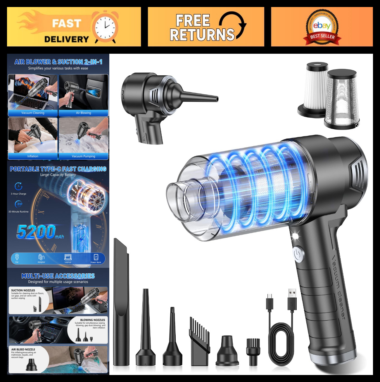 Powerful Handheld Car Vacuum 10000PA, Cordless Rechargeable, Multi-Nozzles & LED gallery