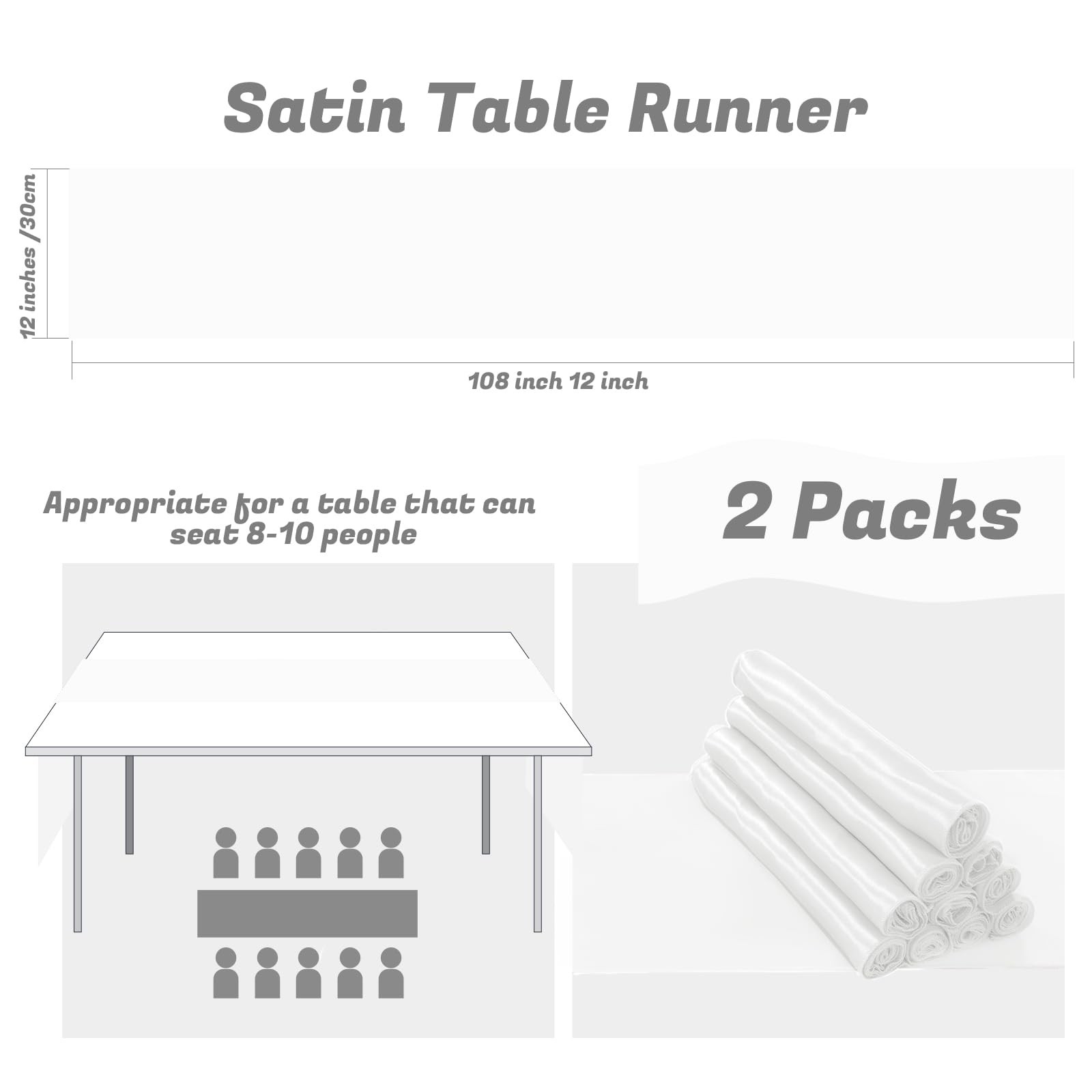 2 Pack 12x108 Inch White Rectangular Smooth Satin Silk Table Runner Wedding gallery