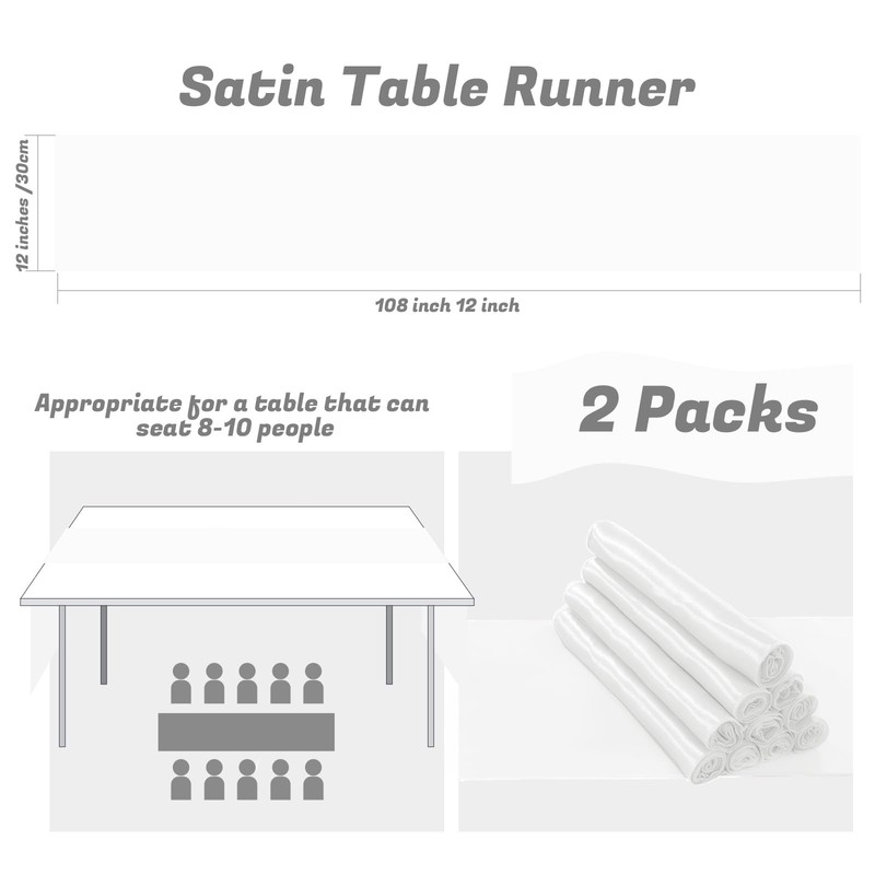 2 Pack 12x108 Inch White Rectangular Smooth Satin Silk Table Runner Wedding gallery
