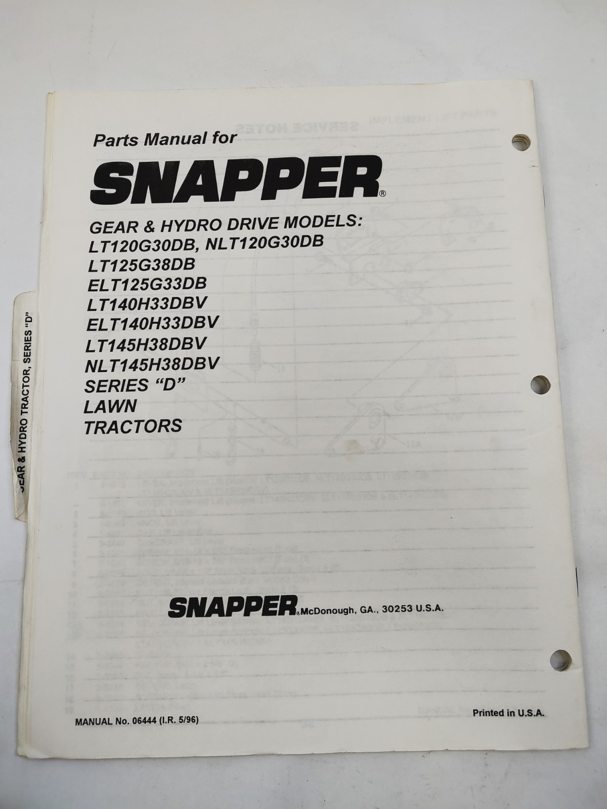 Snapper Parts Manual Gear & Hydro Drive LT120G30DB Lawn Tractors Series D gallery