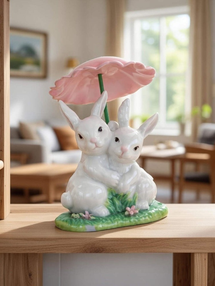 Ceramic Bunny Rabbits Sharing a Flower Umbrella, Home Décor, Gift for Her, Gift
