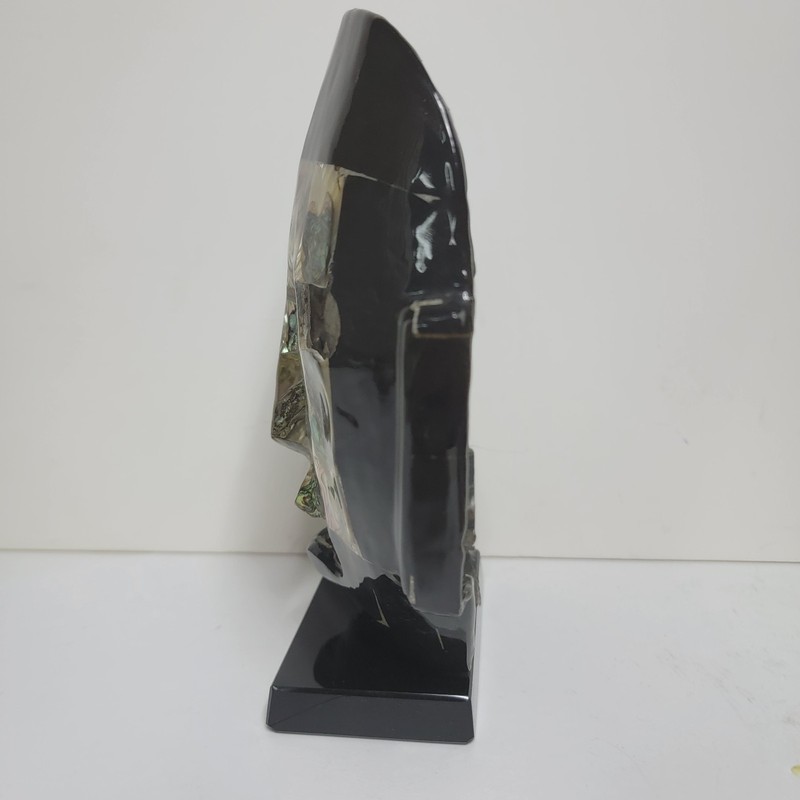MCM Black Obsidian & Abalone Shell Inlay Mask Sculpture on Black Weighted Base gallery