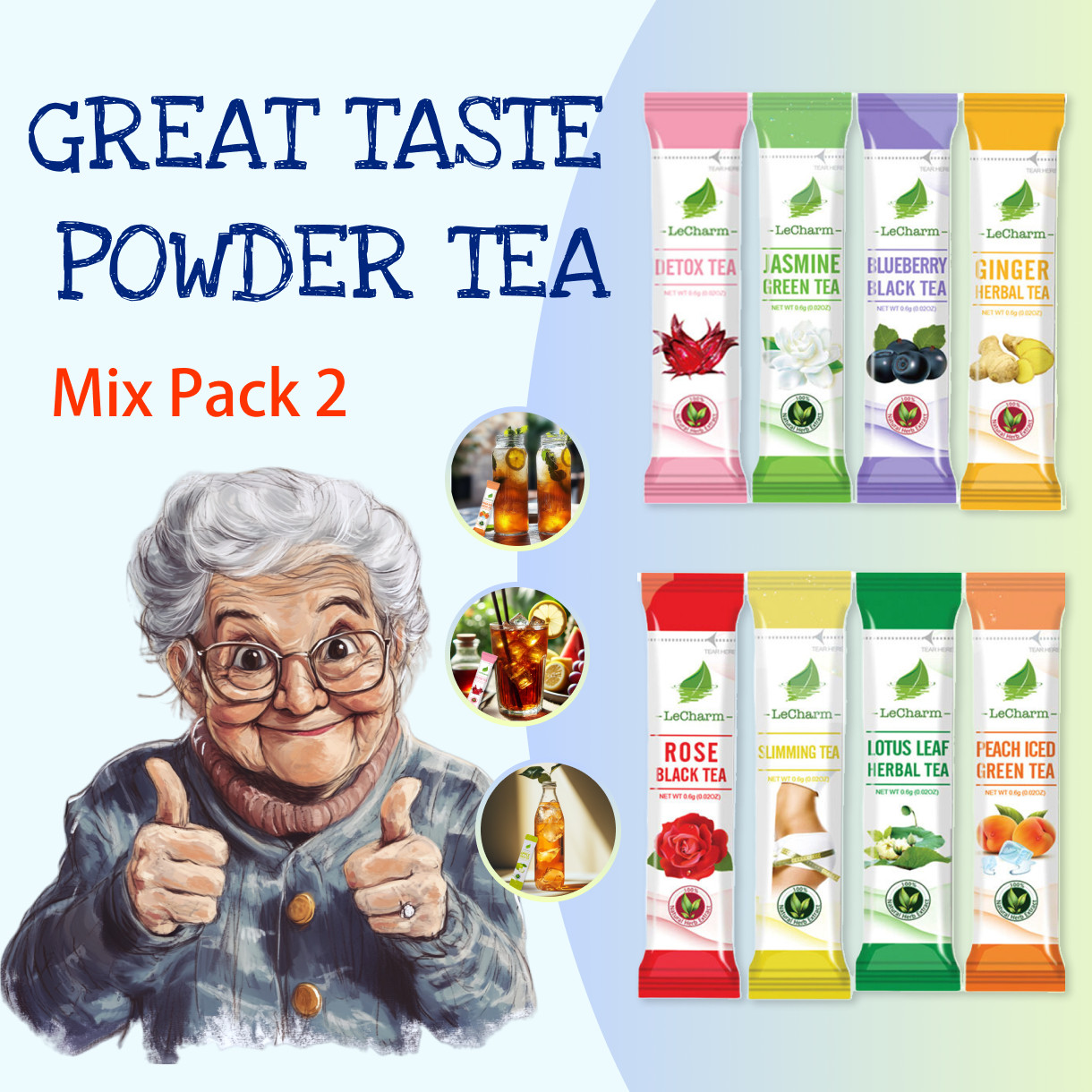 LeCharm 8-Flavor Herbal Tea Powder Mix – 100% Natural Black Green Fruit Blend gallery