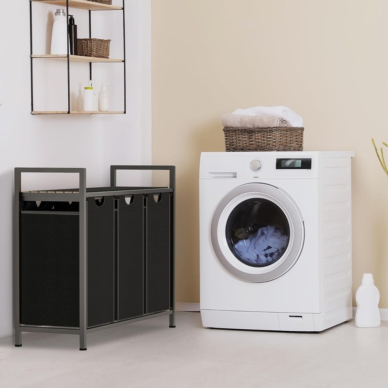 Black Laundry Sorter with 3 Pull-Out Removable Oxford Fabric Bags Laundry Basket gallery
