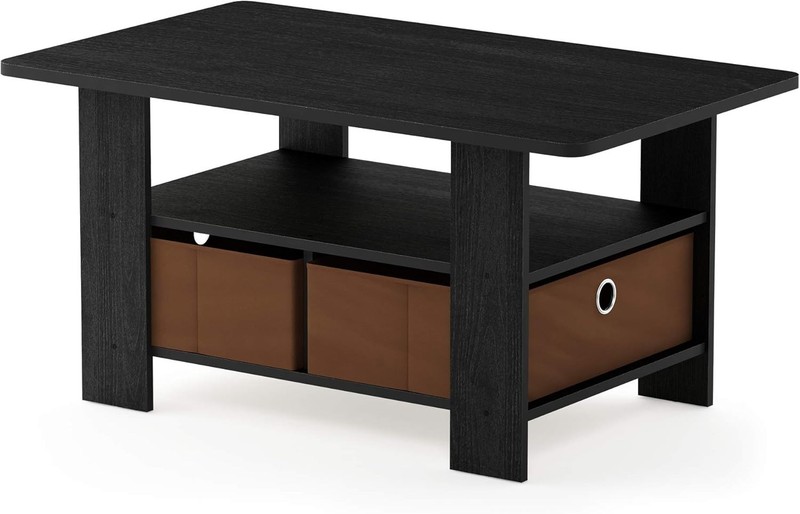 Elegant Engineered Wood Coffee Table with Dual Storage Bins in Medium Brown gallery