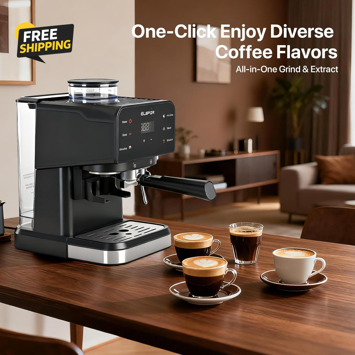 Espresso Machine 20 Bar, Coffee Maker with Grinder Black gallery