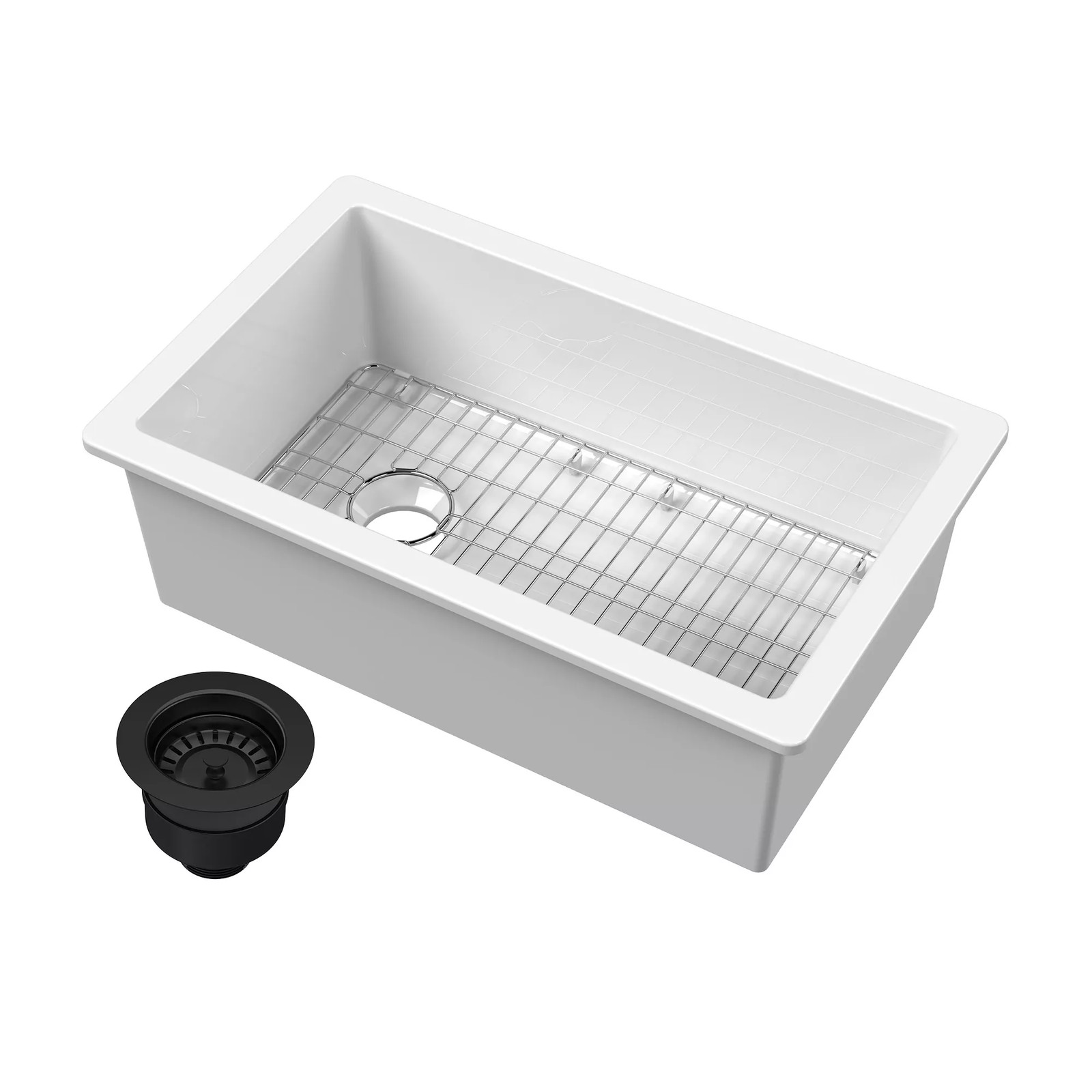 Nuie Undermount Kitchen Sink, Matt Black Drainer, Wire Grid, Fire Clay 31x19x10" gallery