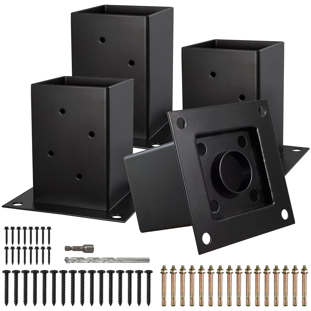 (4 PCS) 4X4 Post Anchor Base with Bottom Drainage Hole, Black Powder Coated Bra