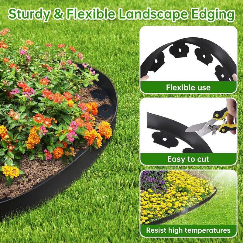 Garden Edging Strip 5cm x 10m with 30 Stakes | Black/Green Lawn Border (1 pc) gallery