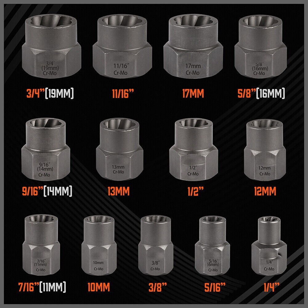 Impact Bolt Extractor Set Nut Remover Set Stripped Extraction Socket Tools 15pcs gallery
