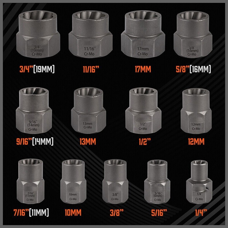 Impact Bolt Extractor Set Nut Remover Set Stripped Extraction Socket Tools 15pcs gallery