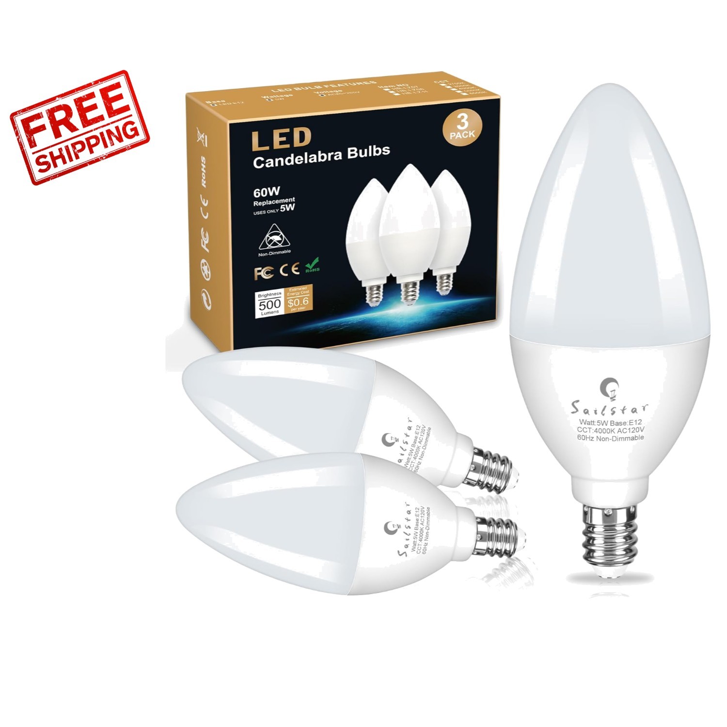 Energy-Efficient E12 Candelabra Bulbs - 5W LED, 500 Lumens, 4000K Bright White gallery