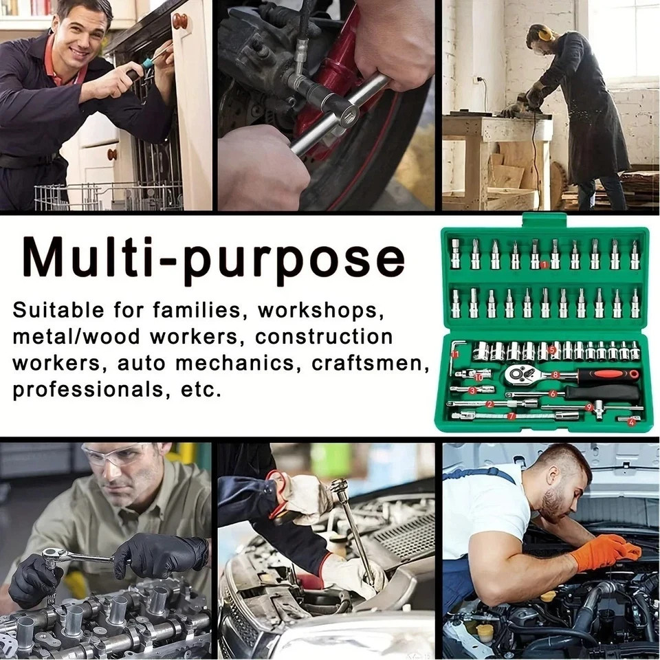 46pc Socket Wrench Set 1/4in Drive Ratchet Metric Car Repair Tool Kit Garage US gallery