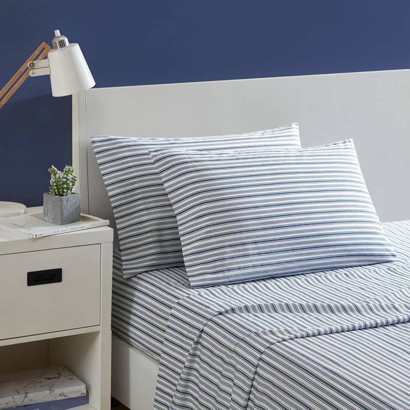 Breathable Percale Sheets Full Size, Classic Stripe Design, Soft Blue gallery