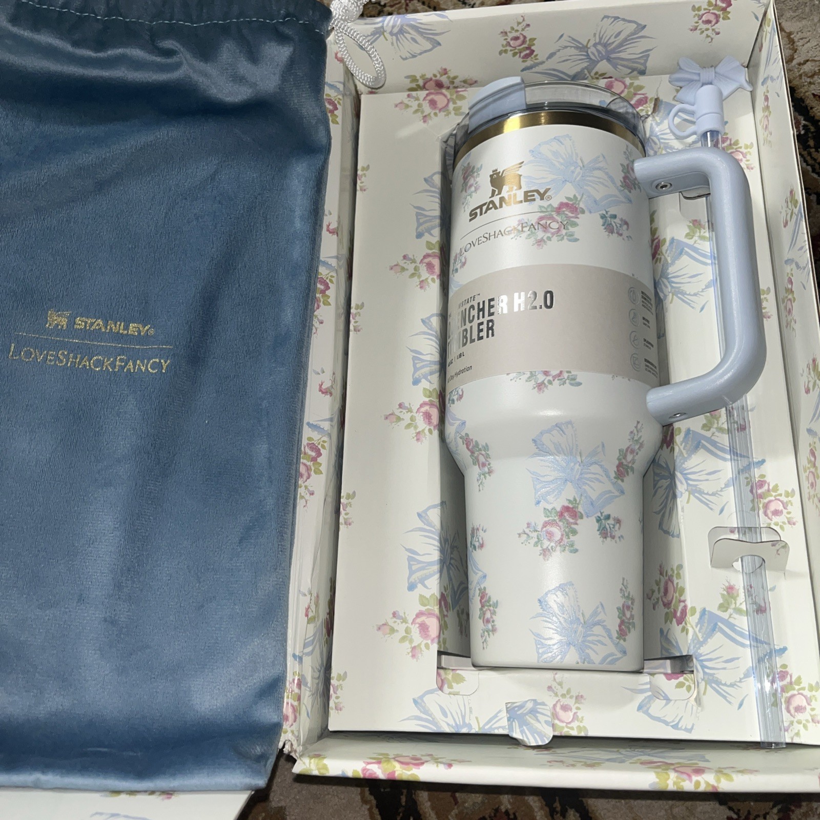 New*Stanley LoveShackFancy 40oz Quencher H2.0 Tumbler Floral Bow Gift Set gallery