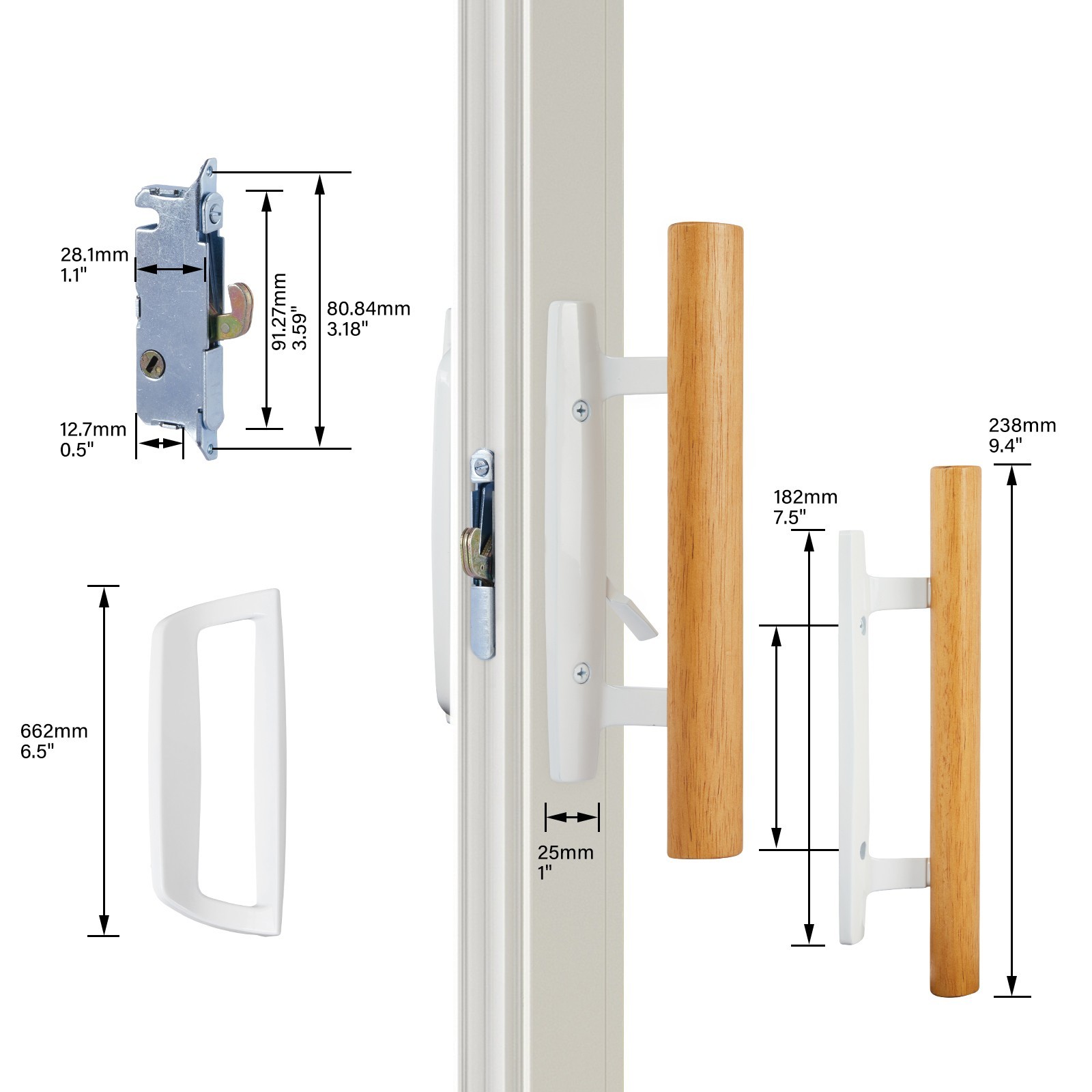 Patio Sliding Glass Door Handle Set | Non-Keyed Mortise Lock with 45° White gallery