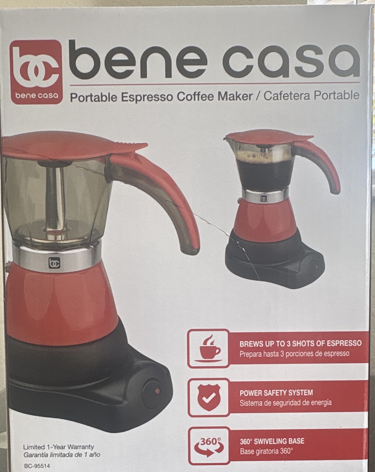 Bene Casa BC-95514 Espresso Machine 3-Cup Ground Coffee Cordless Red/Black gallery