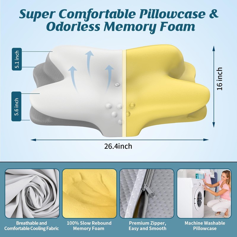 Ergonomic Neck Pillow, Memory Foam Contour, Pain Relief For Sleepers, Grey gallery