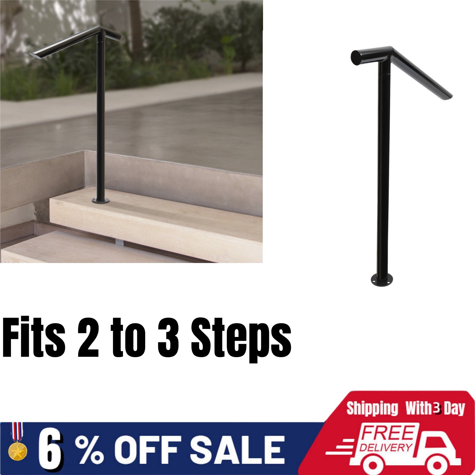 Outdoor Stair Railing Step Handrail Metal Rail For 2 to 3 Steps Grab Post Black gallery