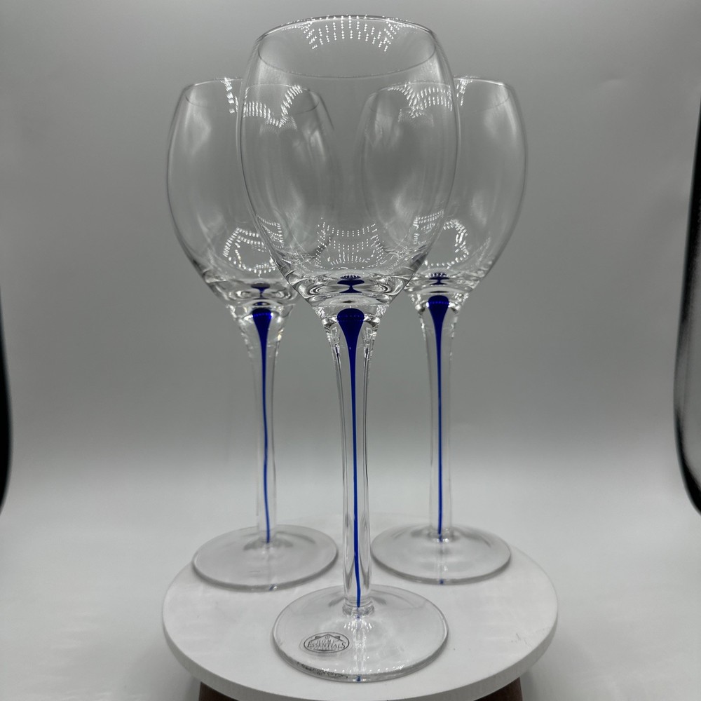 Home Essentials Blue Cobalt Tear Drop Stem Wine Glasses. Set of Three. See pics.