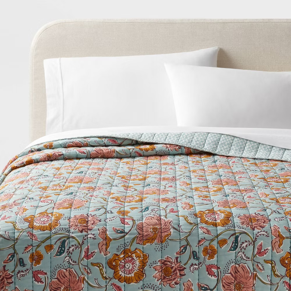 Full/Queen Earthy Vines Quilt Light Teal Blue/Mustard Yellow/Light Pink Floral gallery