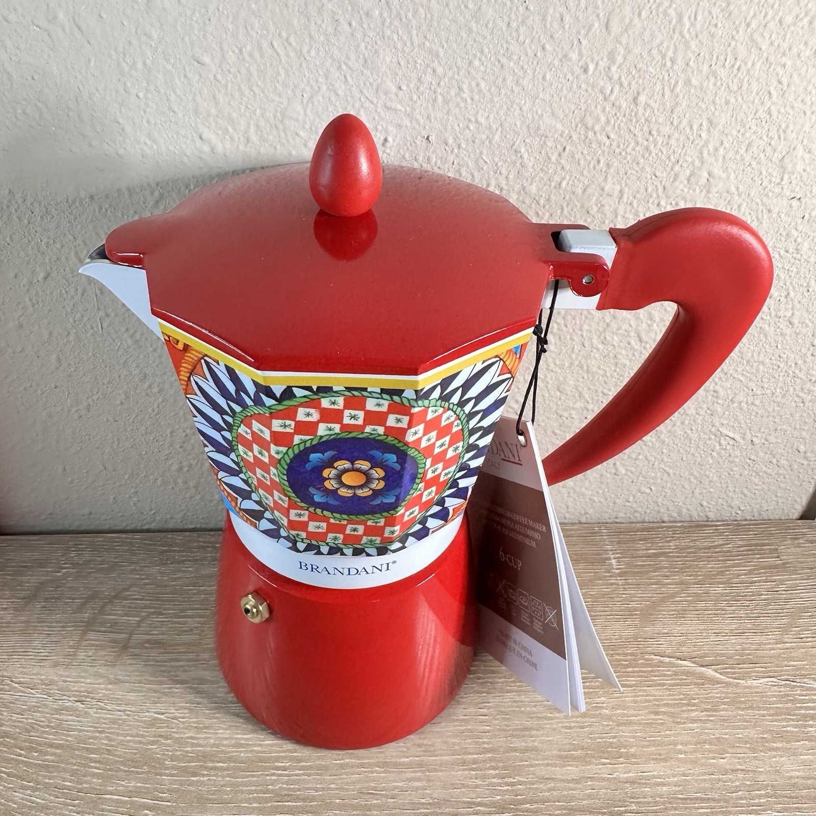 NEW Brandani 6 CUP Italian Coffee Maker MOKA POT Aluminum SICILIAN PATTERN NWT gallery