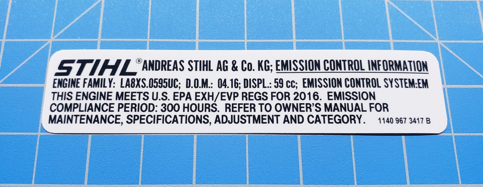 Stihl MS 362 Chainsaw Emissions Label Stihl Label # 1140 967 3417, # 11409673417 gallery
