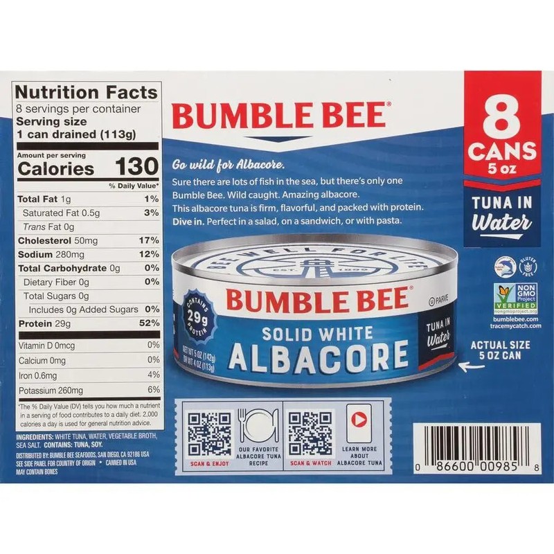 (Pack of 8) Bumble Bee Solid White Albacore Tuna in Water, 5 oz cans,29g Protein gallery