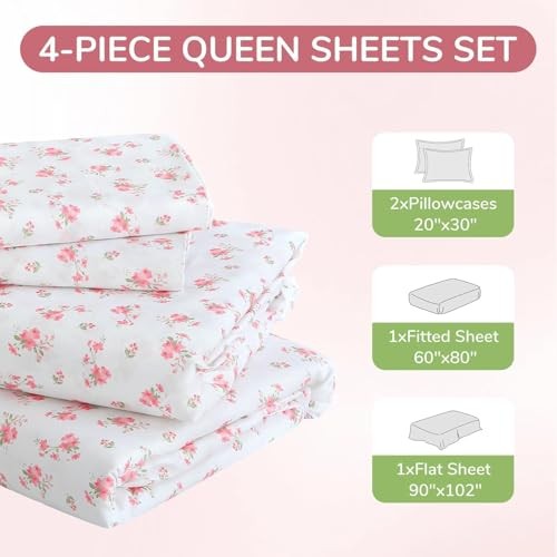 Queen Size 4 Piece Sheet Set, Soft Queen (60"×80") 01 - Blossoms Light Pink gallery