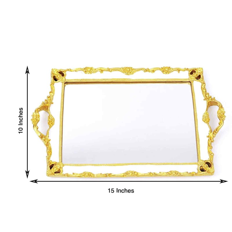 15"x10" Metallic WHITE GOLD Rectangular Mirror SERVING TRAY Handles Party gallery